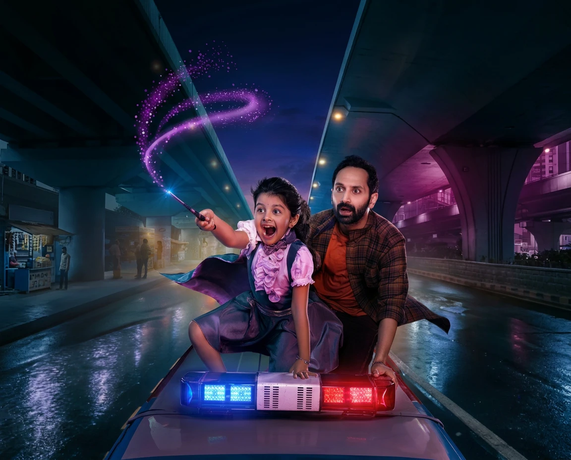 Official Don’t Trouble the Trouble key art from Arka Media Works: Fahadh Faasil and Ssara Palekar on a police vehicle beneath a neon-lit overpass, with a glowing magic wand.